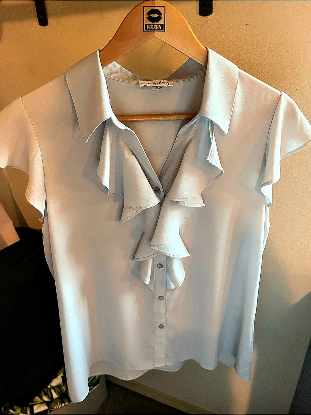 Calvin Klein Ruffle Woven Top Grey Blouse